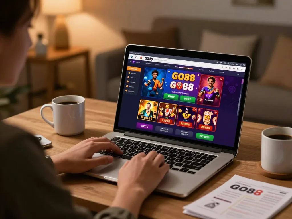 Player engaging in GO88 casino games from home with a vibrant app interface on laptop