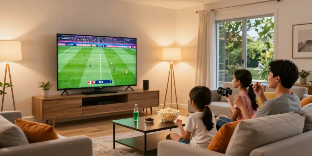 Family enjoying IPTV kaufen in 4K during a football match in a cozy living room.