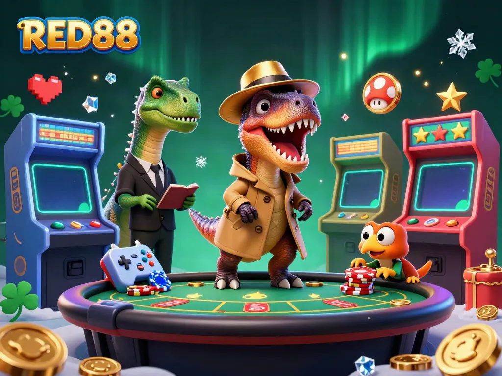 Play at RED88: Velociraptor card counter in a vibrant casino scene, attracting excitement and intrigue.