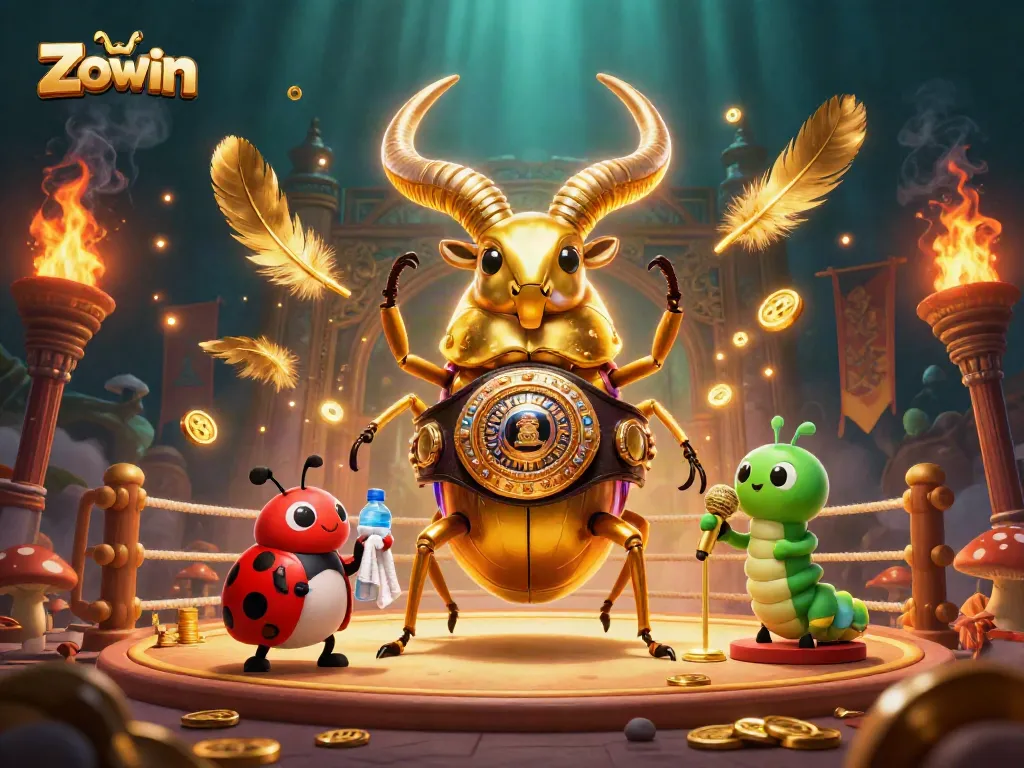 Zowin immerses players in thrilling bets with the fierce golden stag beetle boxing champion in a vibrant casino scene.