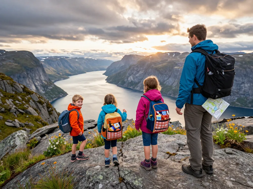 Familie genießt Reisetipps Skandinavien beim Wandern entlang malerischer Fjorde bei Sonnenuntergang.