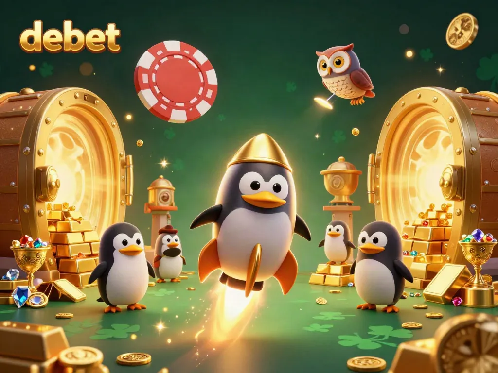 Experience the excitement of debet with a golden penguin blasting through space towards a poker chip casino.
