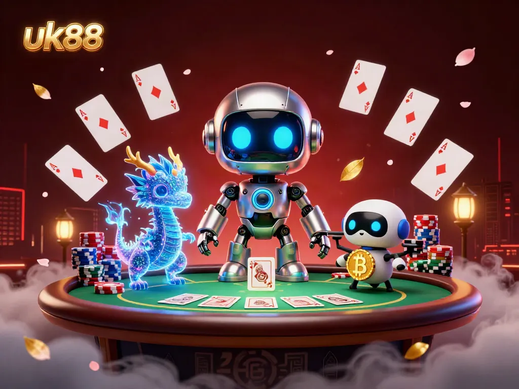 Experience thrilling poker action with uk88 in this ultra-detailed 3D casino scene featuring a cyberpunk mascot and vibrant game elements.