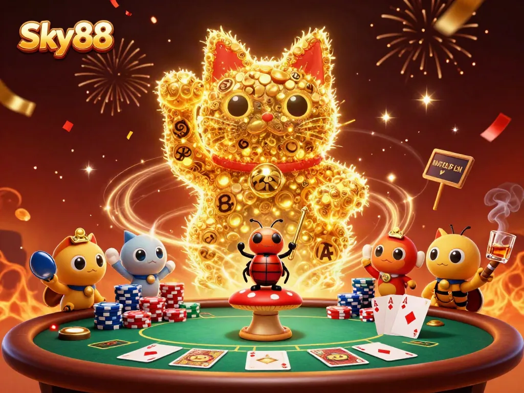 Sky88 captivates with a dynamic illustration of a lucky cat among vibrant casino symbols