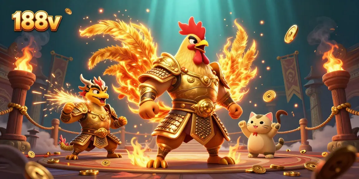 Experience the exciting battles at 188v with a rooster warrior and dragon amidst vibrant casino elements.