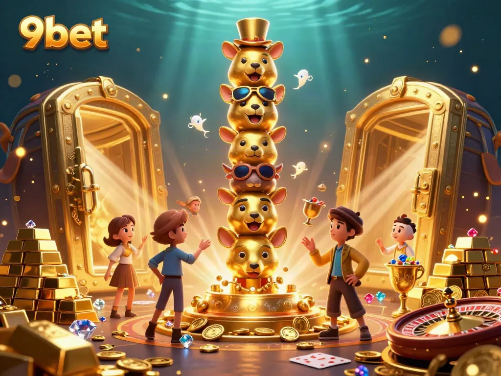 Experience the excitement of 9bet in this vibrant 3D casino illustration featuring a golden totem and live gaming elements.
