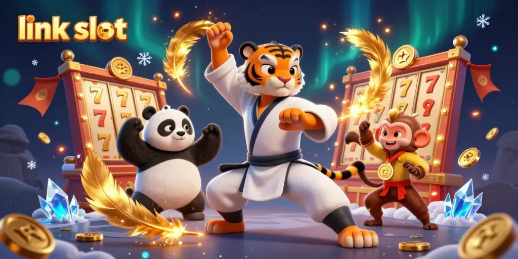 Experience excitement with the link slot as characters perform amidst casino elements and jackpots.