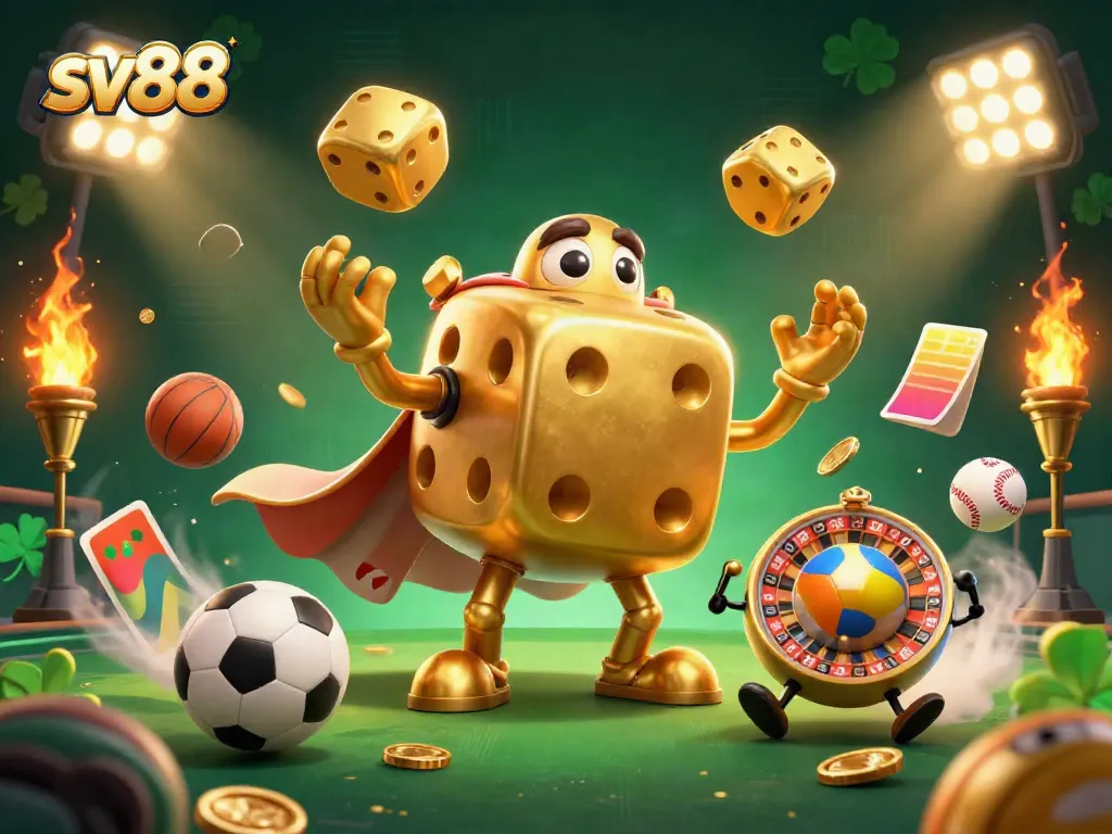 Engage with sv88 through a vibrant, dynamic 3D casino scene featuring a golden dice golem and sports elements.