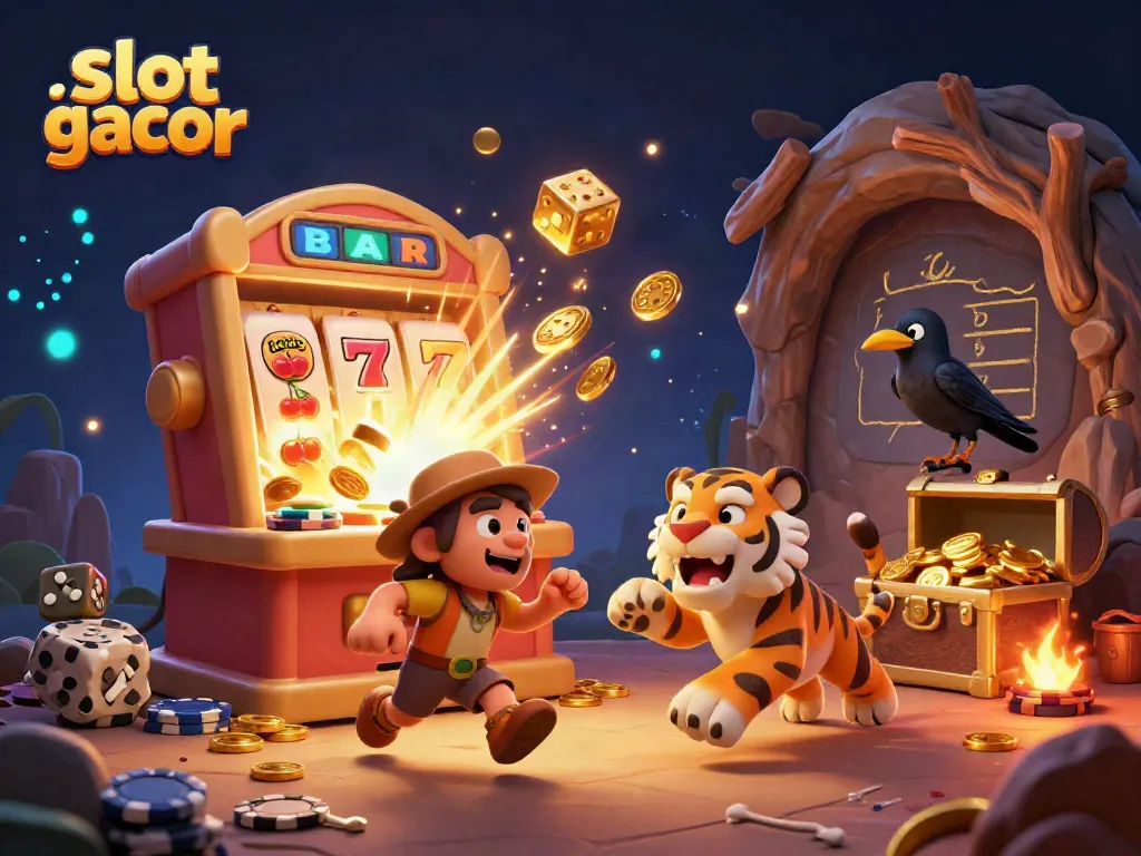 Experience slot gacor wins with a vibrant prehistoric casino scene featuring a caveman and sabertooth tiger.