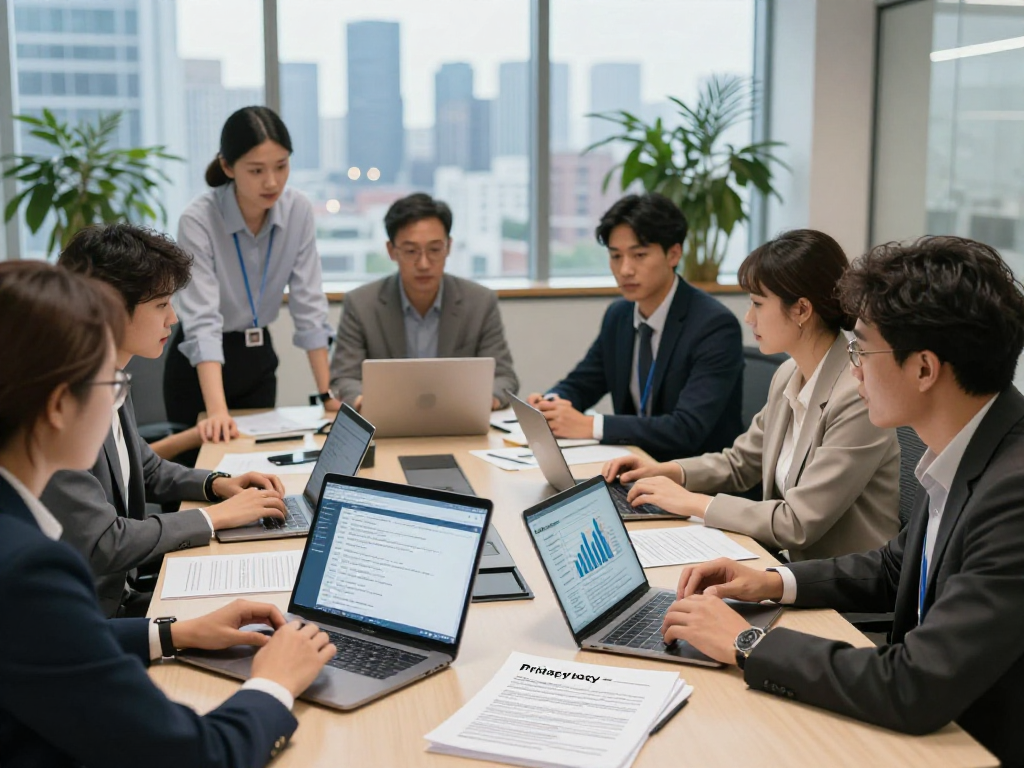 Vermessungsbüros und ÖbVI Berater im Meeting zur Datenschutzstrategie im modernen Büro.