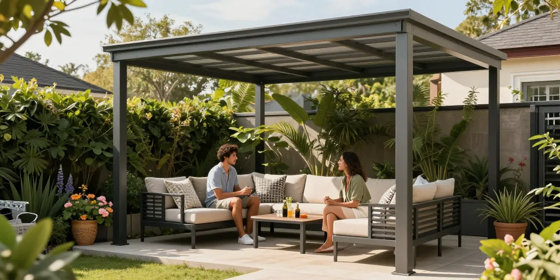 Terrassenüberdachung freistehend im Garten mit gemütlicher Sitzecke und blühenden Pflanzen.