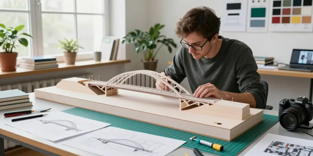 Das Brückenmodell 1_75 zeigt detaillierte Architekturarbeiten in einem kreativen Arbeitsumfeld.