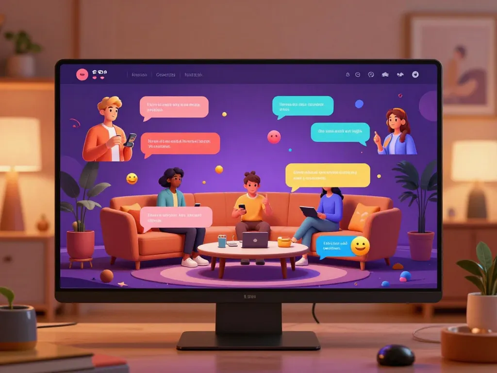 Interactive digital scene of an nsfw chat bot engaging users with animated characters and inviting ambiance.
