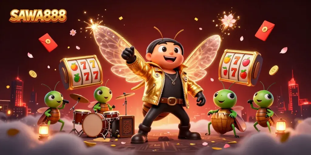 Experience the excitement of SAWA888 with a vibrant casino scene featuring iconic slot symbols and characters.