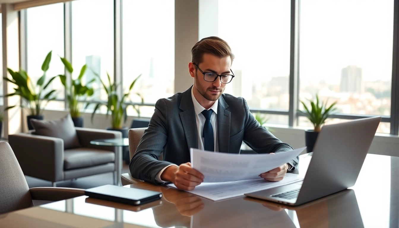 Immobilienmakler Frankfurt Ginnheim im modernen Büro bei der Durchsicht von Unterlagen.