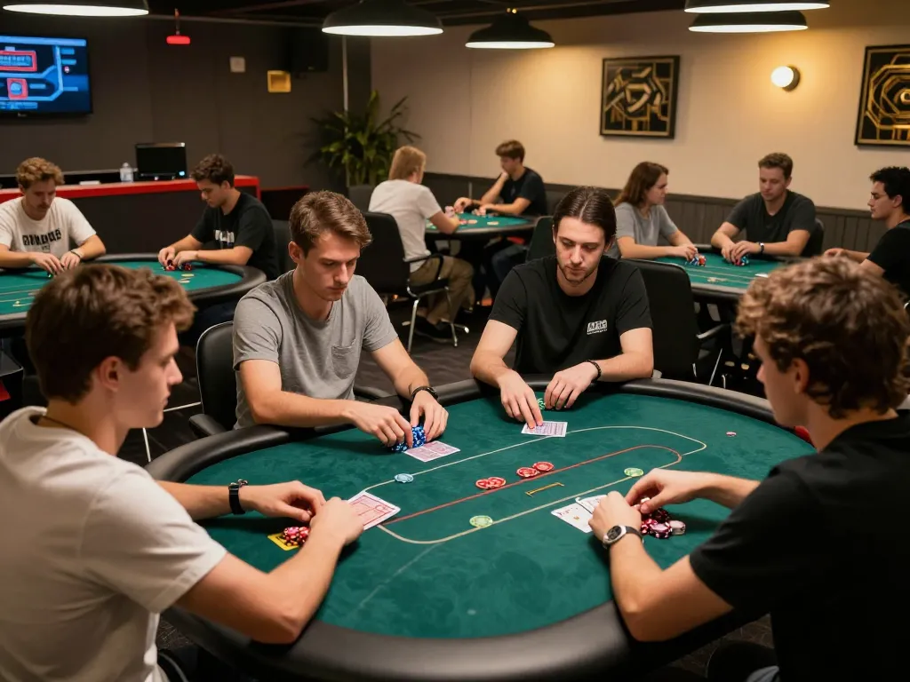 KJC players strategizing at poker tables in a vibrant gaming room atmosphere.