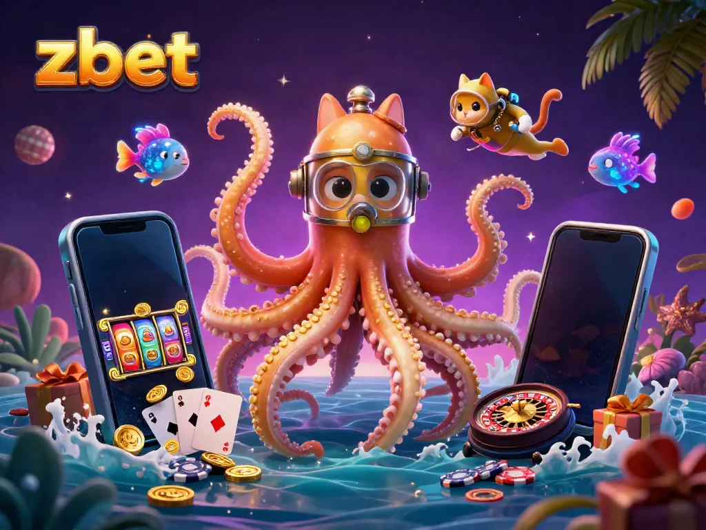 Engage with zbet's thrilling gaming experience featuring a kraken, diving cat, and vibrant slot game elements.
