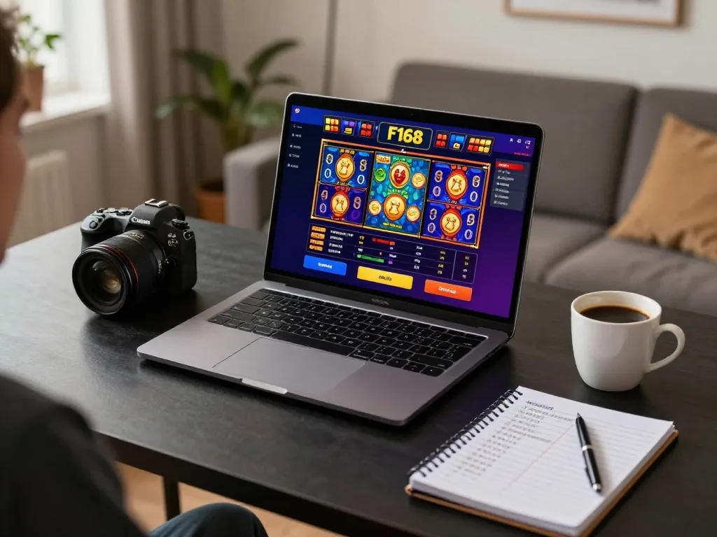Players enjoying F168 online casino games on a vibrant laptop setup with betting options.
