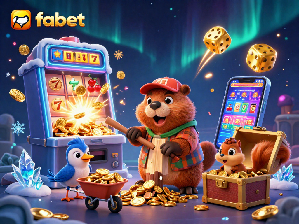 FABET features a lively cartoon scene with a beaver, bird, and squirrel engaging in casino activities while coins rain down.