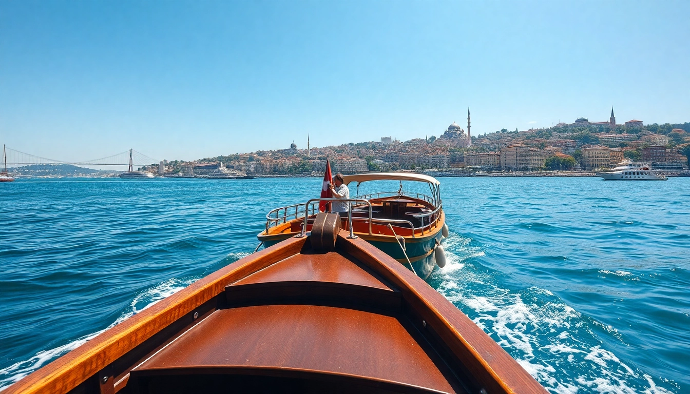Bosphorus daytime cruise with a traditional Turkish boat against Istanbul's skyline in sunny weather.