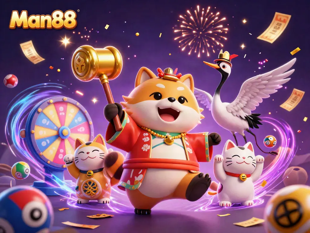 Experience the excitement of online betting at Man88 amidst dynamic gaming elements and colorful characters.