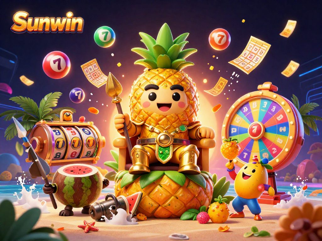 Engage with Sunwin's vibrant casino atmosphere featuring a golden pineapple king and dynamic games.