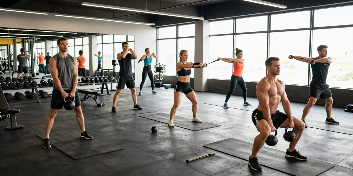 Aktive Trainingsszene im Selliza Shop mit sportlichen Athleten im modernen Fitnessstudio.
