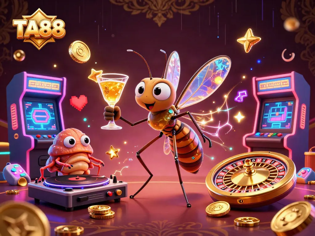 TA88 casino mascot and trilobite DJ create vibrant atmosphere with golden roulette and arcade games.