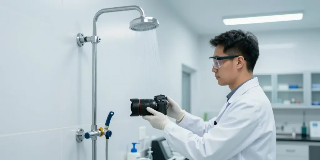 Körper- und Augennotdusche inspected by a technician in a safety-focused laboratory.