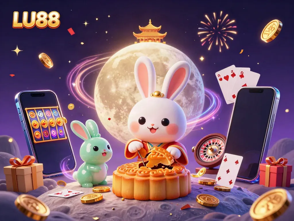 LU88 showcases a moon rabbit plying golden mooncakes filled with poker chips in a dynamic and colorful casino celebration.