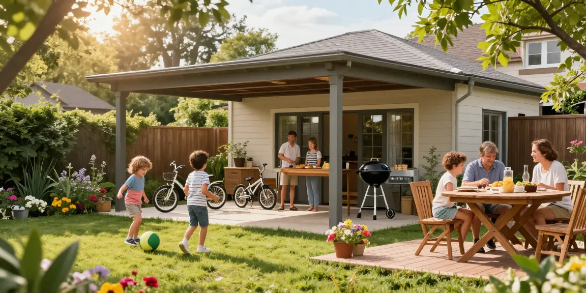 Carport im Garten mit Familie, Spielzeug und blühenden Blumen.