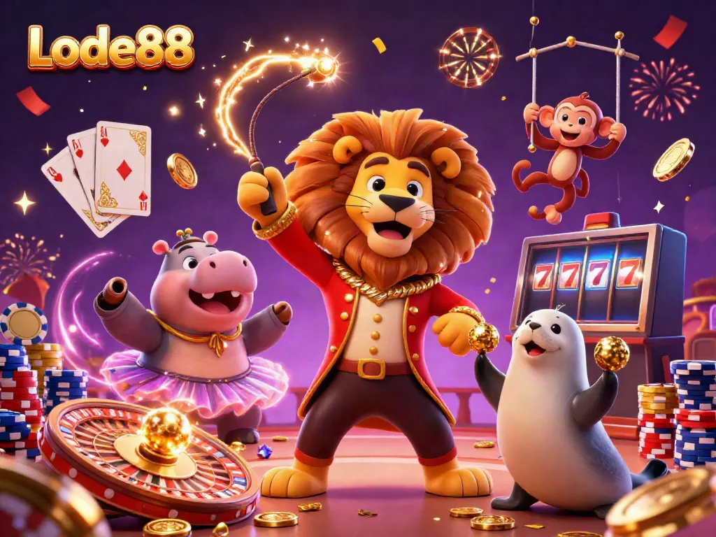 Experience thrilling gaming adventures with Lode88 - a vibrant casino illustration featuring a lion, hippo, and monkey
