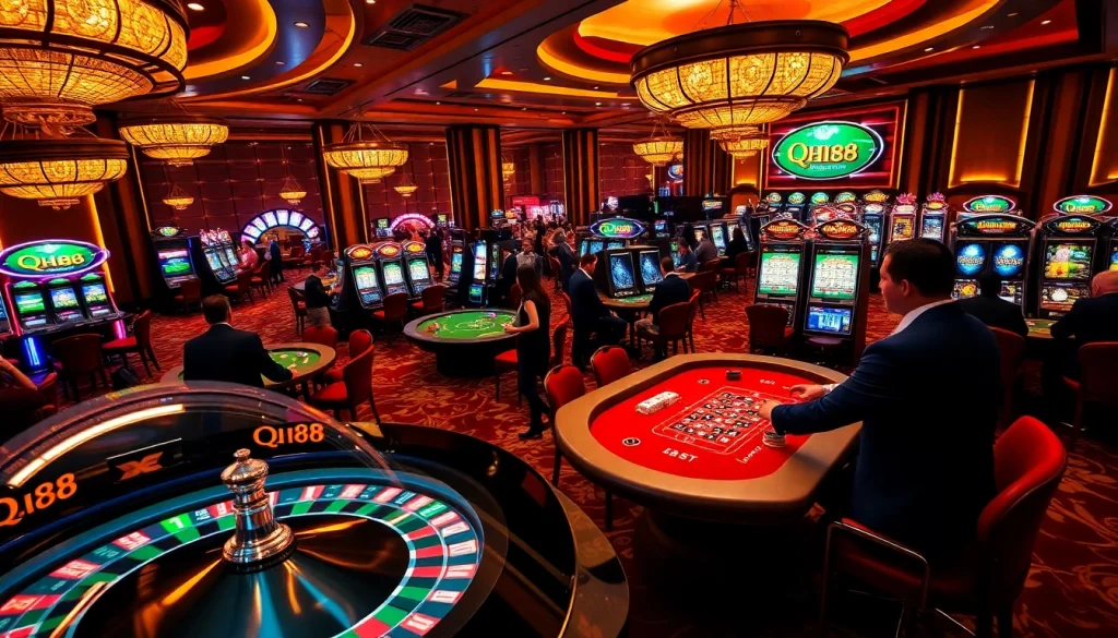 Action-packed casino floor at QH88 with enthusiastic gamblers playing roulette and slots.