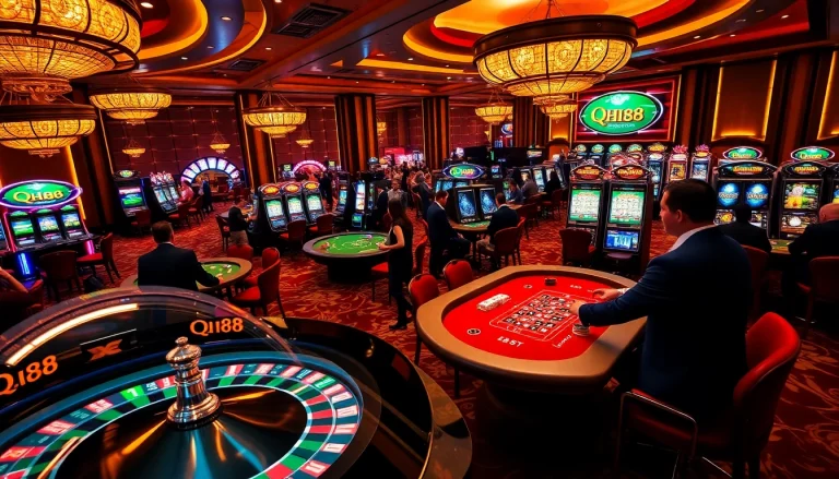 Action-packed casino floor at QH88 with enthusiastic gamblers playing roulette and slots.