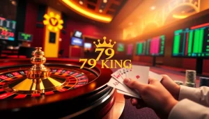 Visual representation of 79KING casino betting with poker chips and a spinning roulette wheel.