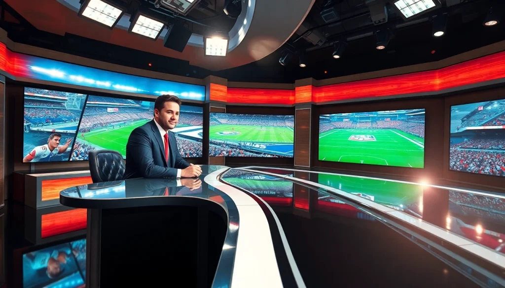 Engaging scene of sports broadcasting with a professional anchor in a dynamic studio.
