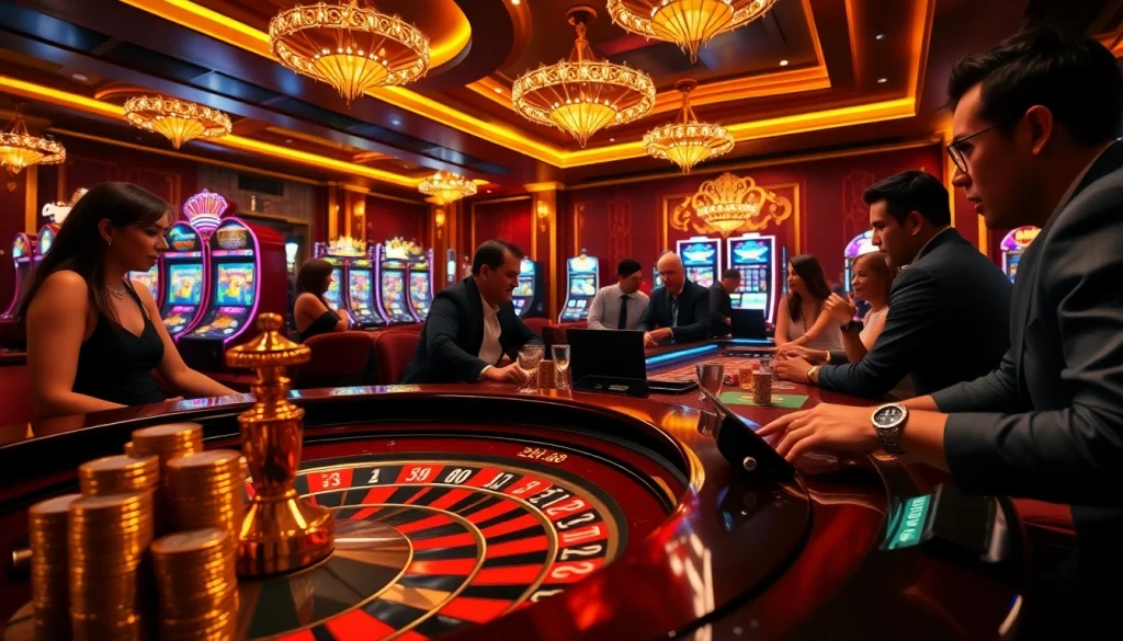 High-stakes gamblers at a luxurious casino table engaged in qh88 gaming excitement.
