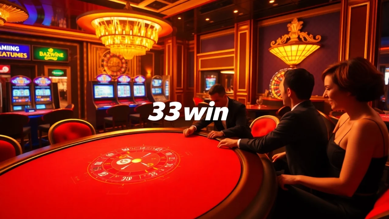 Exciting blackjack table scene with players at 33win casino, showcasing vibrant gaming elements.