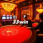 Exciting blackjack table scene with players at 33win casino, showcasing vibrant gaming elements.