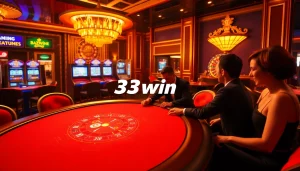 Exciting blackjack table scene with players at 33win casino, showcasing vibrant gaming elements.