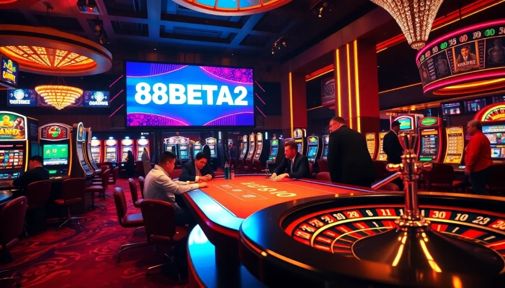 F8BETA2 casino scene with players at poker table and vibrant slot machines.