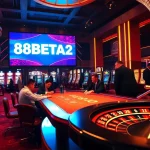 F8BETA2 casino scene with players at poker table and vibrant slot machines.
