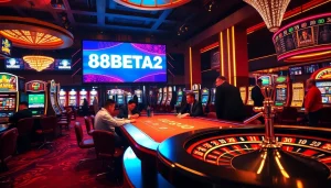 F8BETA2 casino scene with players at poker table and vibrant slot machines.