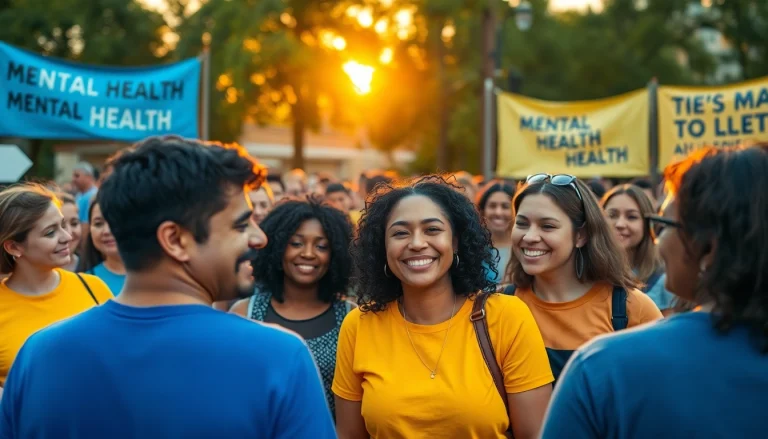 Engaging outdoor gathering focusing on mental health awareness, highlighting community support.