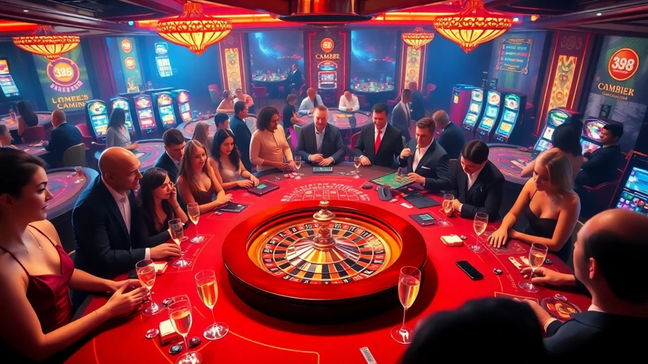 Gamble with CM88 on a luxurious casino floor featuring roulette wheels and vibrant poker tables.