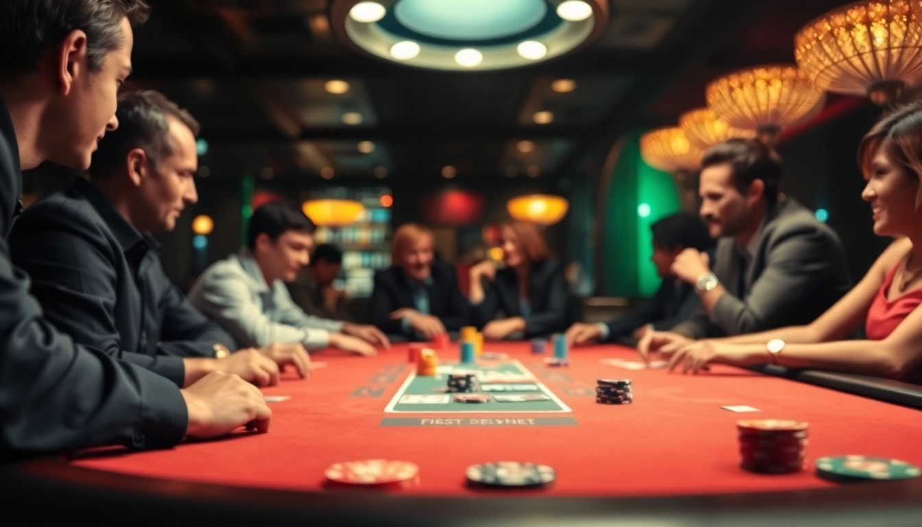 Spiele für Casinospiele.de auf einem spannenden Poker-Tisch mit Spielern und Chips.