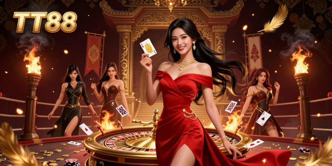 Experience thrilling gambling with TT88 in this dynamic casino scene featuring roulette and poker.