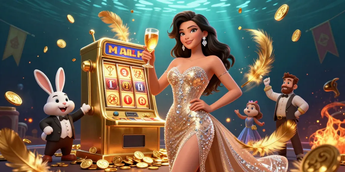 Celebrate at an online casino ohne oasis featuring a glamorous woman toasting near a jackpot slot machine.