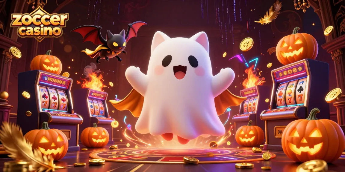 Engage in thrilling games at zoccer casino featuring a ghost cat and vibrant slot elements.