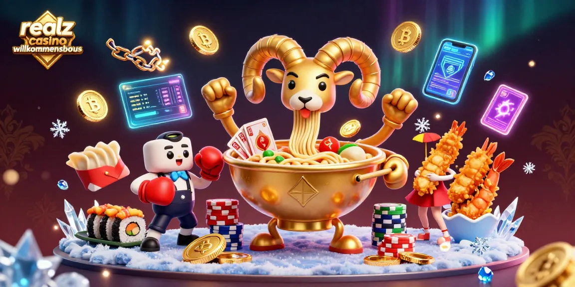 Illustration des realz casino willkommensbonus mit einem goldenen Ramen-Bowl-Charakter und Casino-Elementen.